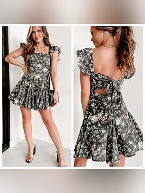 Floral Square-Neck Tie-Back Mini Dress - Black Floral